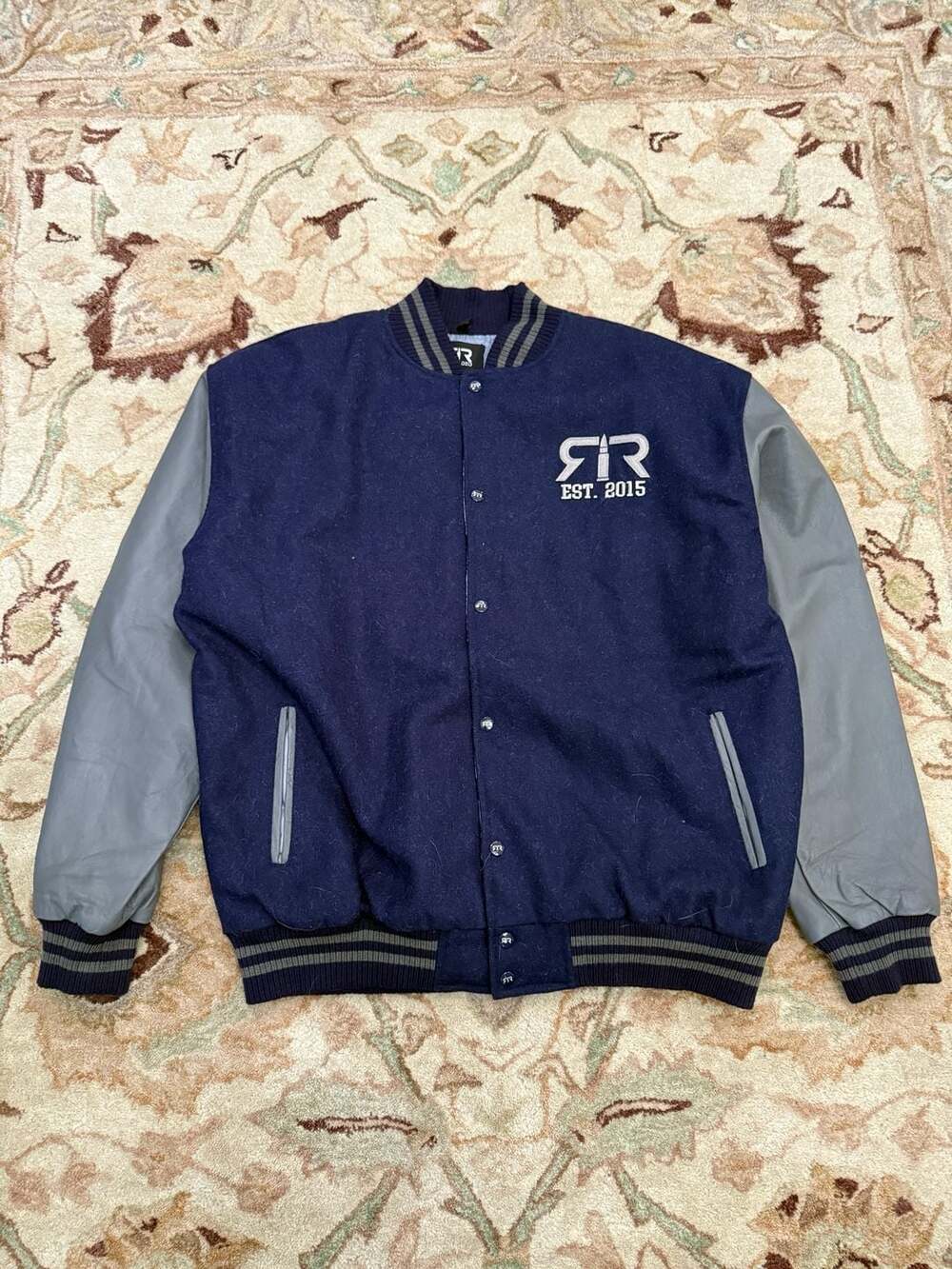 2010s Reloaded Wool Leather Sleeve Varsity Jacket Navy Gray Embroidered 3XL